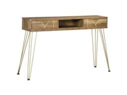 Corredor de Entrada com Console com 2 Gavetas, Prateleira Aberta e Pernas de Aço, Madeira e Bronze 120x29x79 Cm