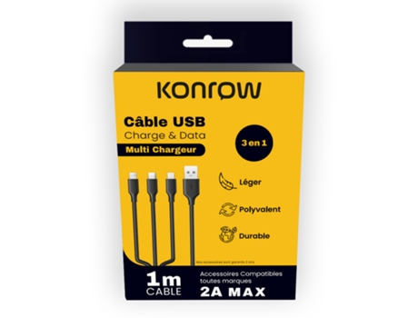 Kc3in1pb Câble Usb 3 En 1 Type C, Micro Usb Lightning Vers Type A 1m Blanc Konrow (blister)