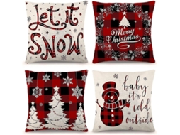 Omni fundas de Almohada Navideñas 4 Unidades de Lino Campestre Con Cuadros Rojos Y Negros para Decoración Navideña Y Hogar