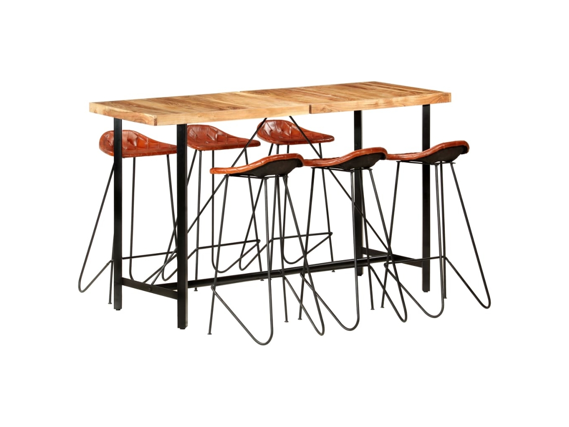 Vidaxl 7 Pcs Conjunto De Bar Madeira De Acácia Maciça E Couro Genuíno