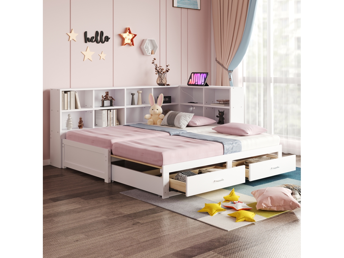 Cama Madeira Maciça Branca 90/180x190cm, Cabeceira, Armazenamento, Tomada, Gavetas, Ripas. -op