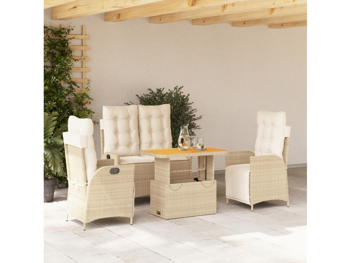 4 Pcs Conjunto De Jantar P/ Jardim C/ Almofadões Vime Pe Bege Dkd Home Decor