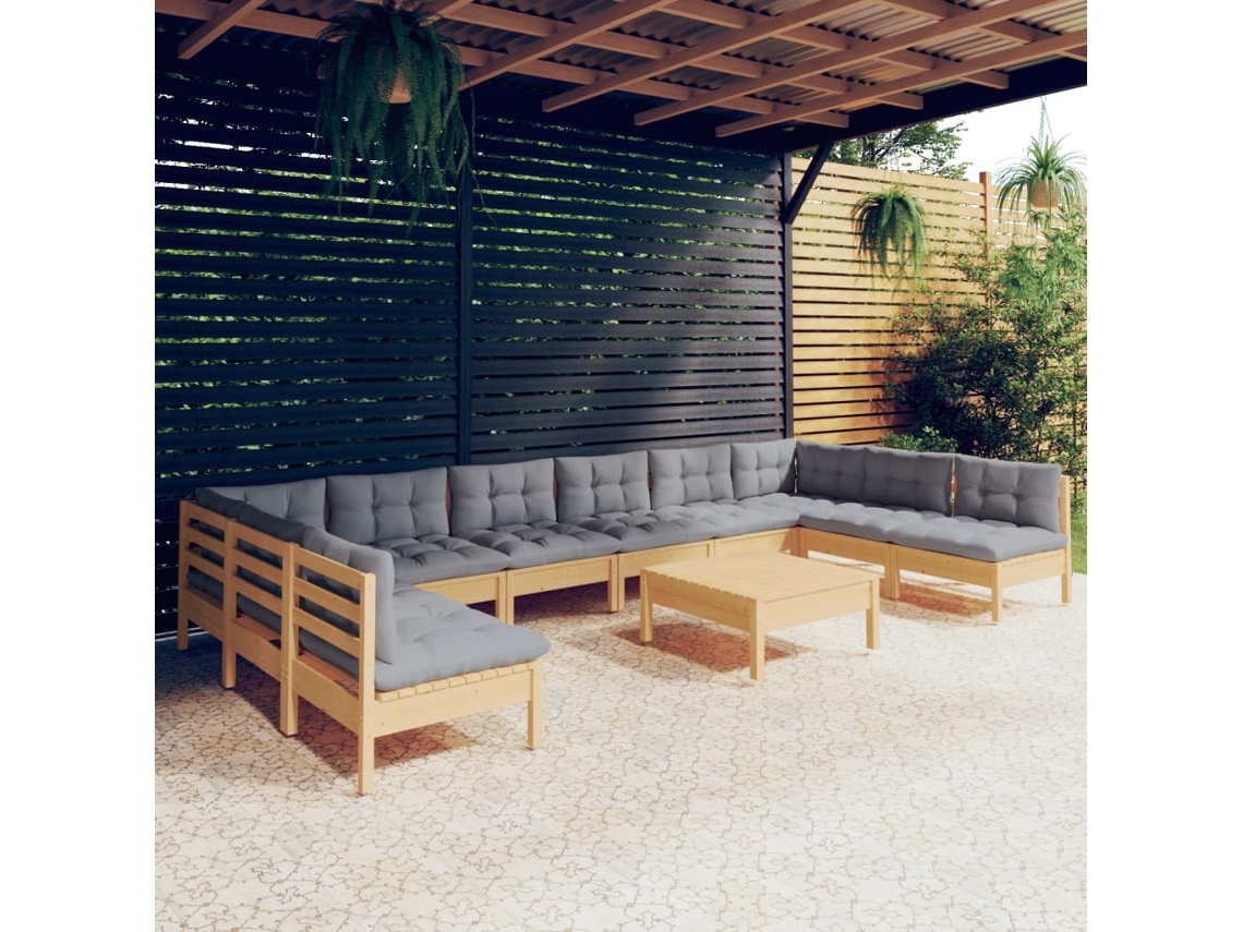 Vidaxl 11pcs Conjunto Lounge De Jardim + Almofadões Cinza Pinho Maciço