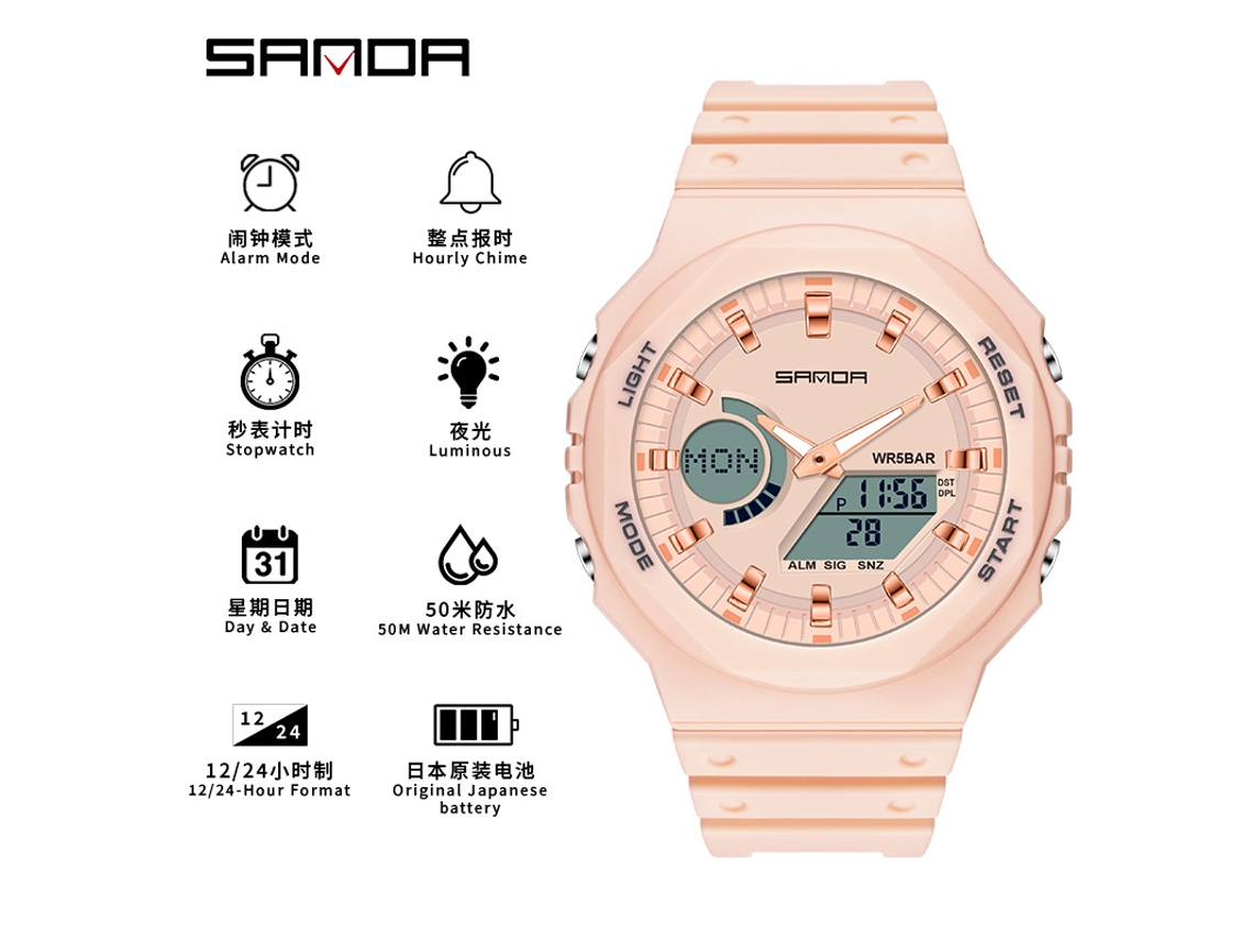 Relógio Eletrônico Multifuncional Moderno e Estiloso com Design Luminoso e À Prova D'água. MDUG (rosa Flor de Cerejeira)