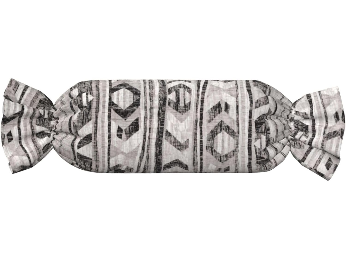 Almofada Cilíndrica Formato de Doce com Estampa Tribal Cinza 100 % Poliéster Ideal para Viagens, Casa e