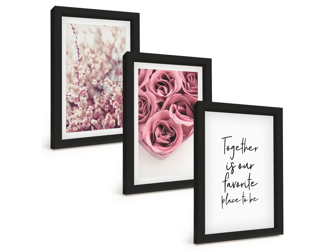 Composição De Quadros Na Paredebuquês De Rosas Com Inscrições Moldura Preta Quadros Para A Sala De Estar Espelharte (3 Peças 20x30 Cm)