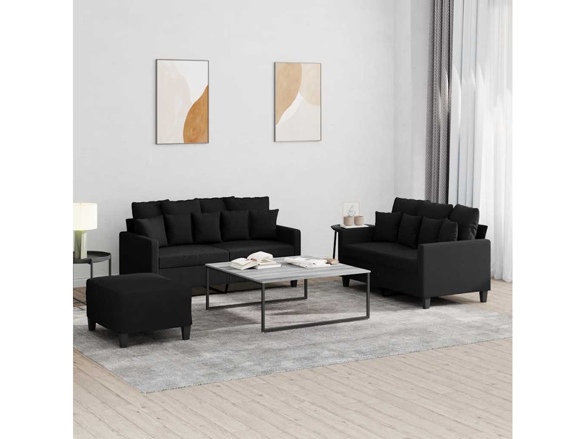 Vidaxl 3 Pcs Conjunto De Sofás Com Almofadões Tecido Preto