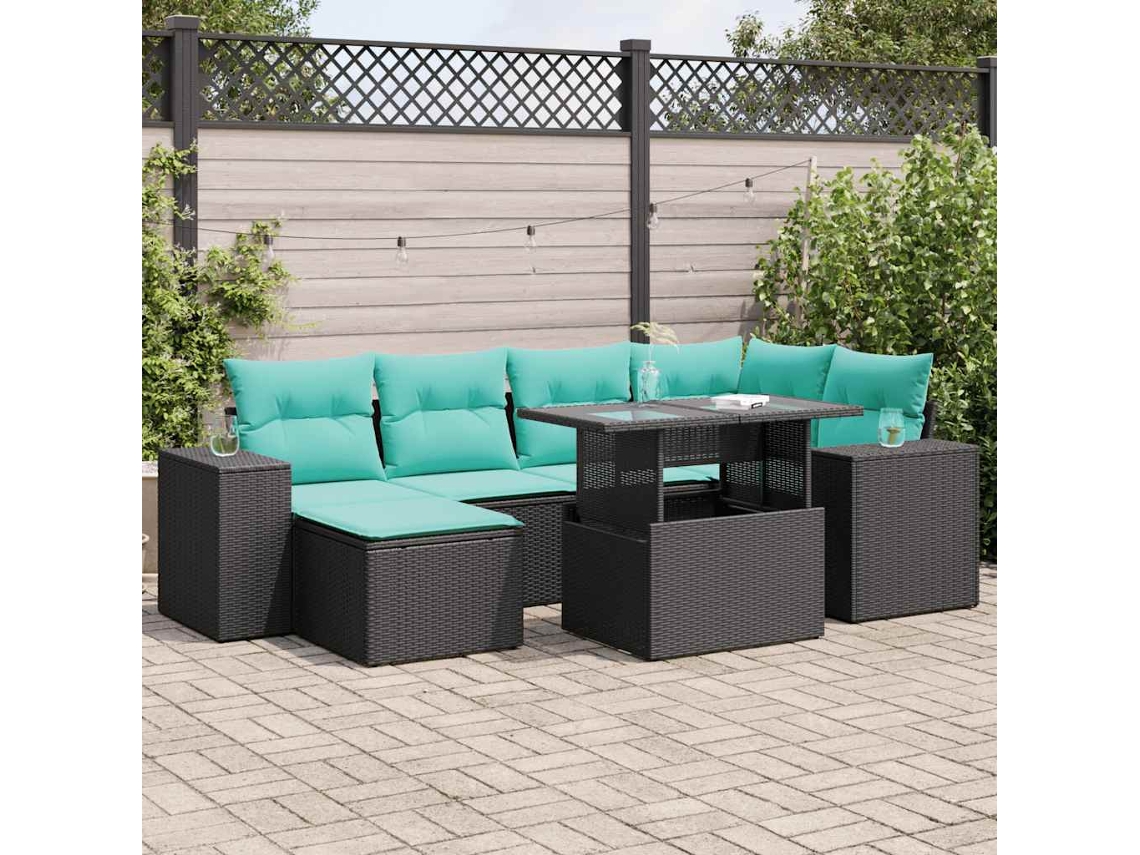 Vidaxl 9 Pcs Conjunto Sofás P/ Jardim Almofadões Vime Pe/acácia Preto