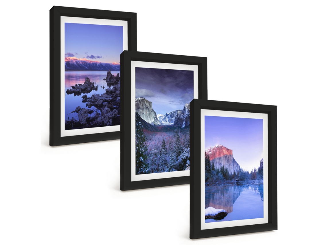 Quadros Decorativos Para Parede Paisagens De Montanha, Crepúsculo, Água Moldura Preta Quadros Para O Escritório Espelharte (3 Peças 20x30 Cm)