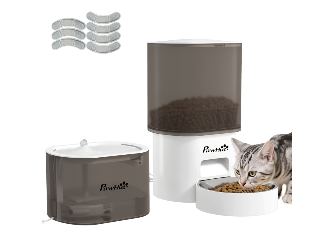 Conjunto de alimentador automático e bebedouro silencioso para cães e gatos com controle por aplicativo (1 a 10 alimentações por dia)
