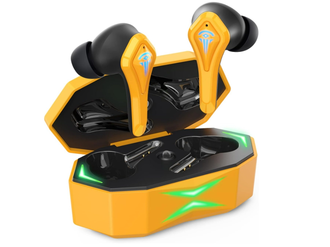 Fones Bluetooth para Jogo JIAPEI com Baixa Latência 50ms, Cancelamento Ruído, Modo Música, Ip5, Amarelo