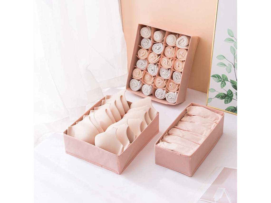 Pacote Com 3 Peças De Organizadores De Gavetas Para Roupas Íntimas, Meias E Sutiãs, Rosa