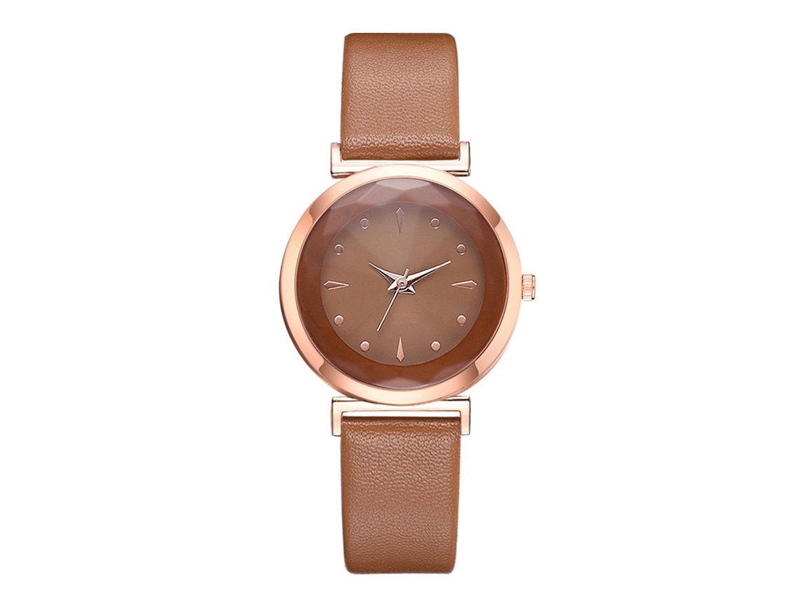 Relógio Feminino Casual de Quartzo com Pulseira de Pu Marrom Dial Redondo