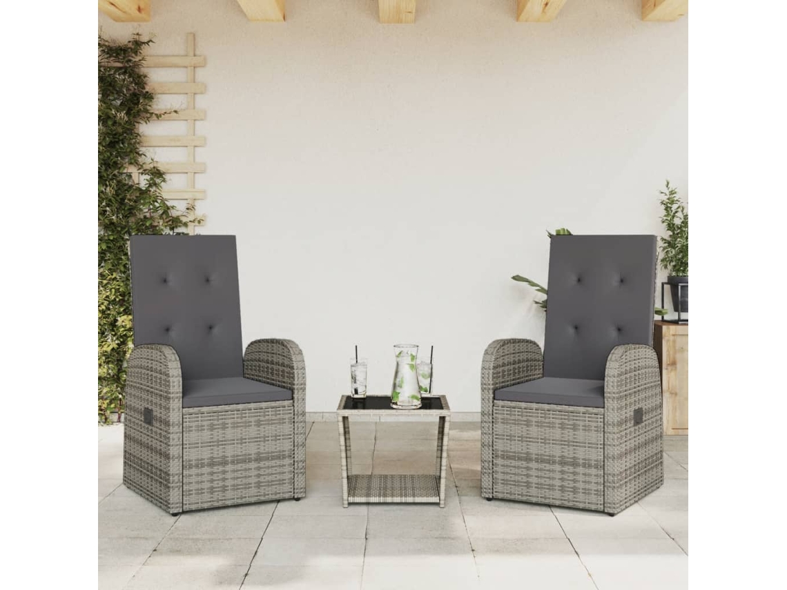 Vidaxl 3 Pcs Conjunto De Jantar P/ Jardim C/ Almofadões Vime Pe Cinza