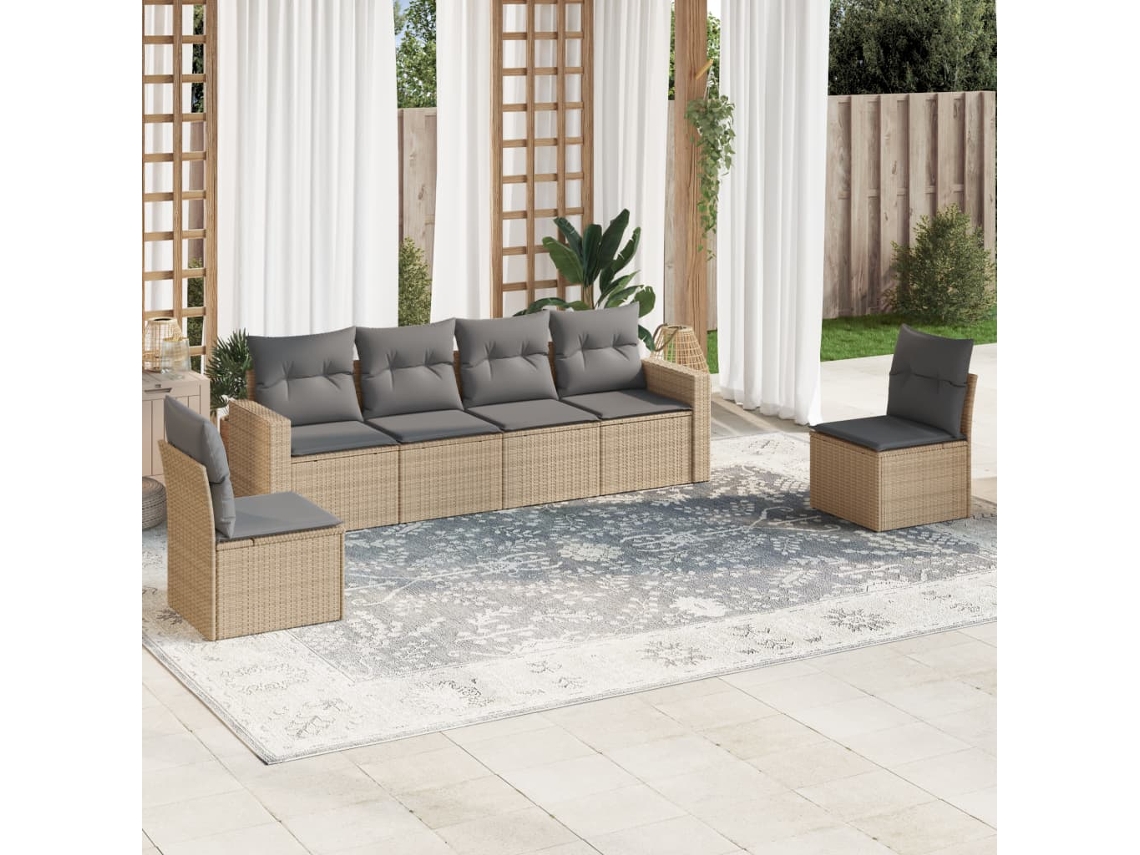 Vidaxl 6 Pcs Conjunto De Sofás P/ Jardim Com Almofadões Vime Pe Bege
