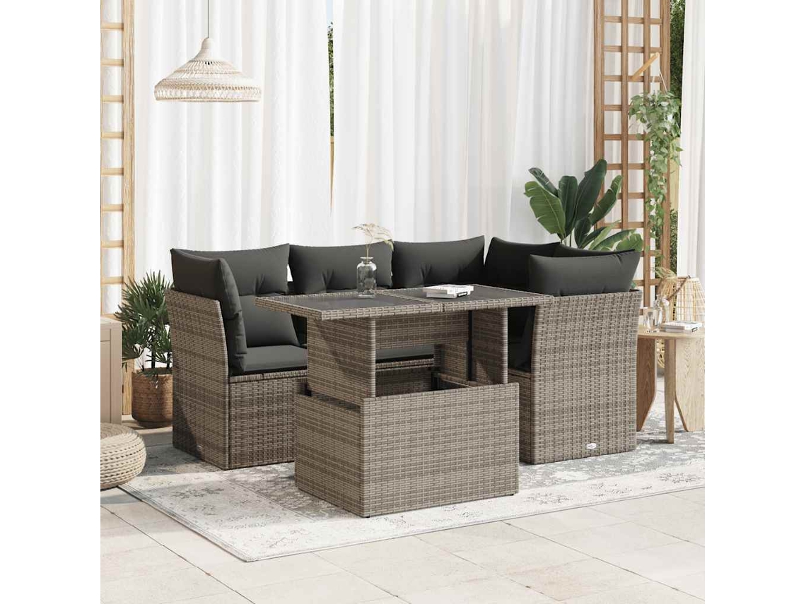 Vidaxl 5 Pcs Conjunto Sofás De Jardim C/ Almofadões Vime Pe Cinzento