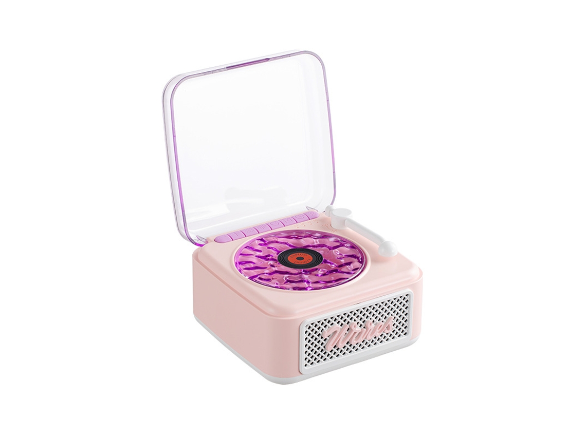 Coluna Bluetooth retrô: ruído branco e som vinil. Mini sem fios, alta qualidade.
