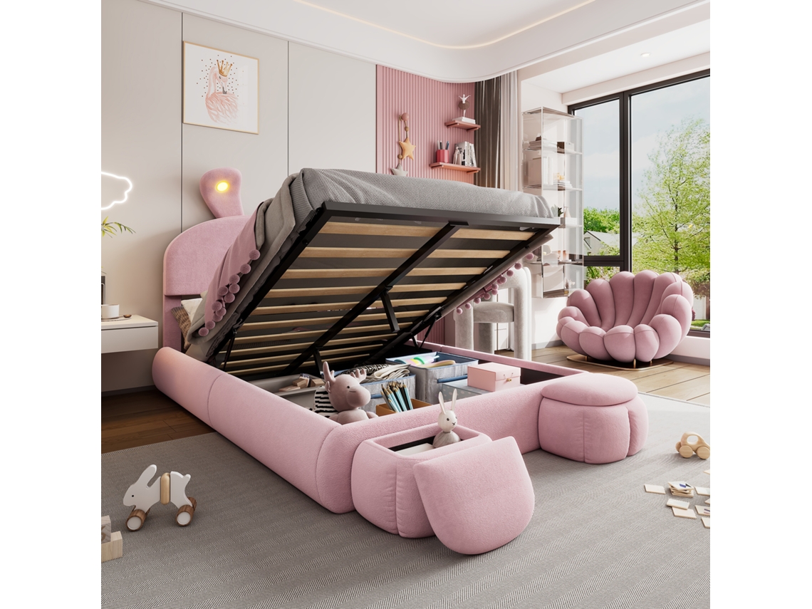 Cama Estofada 140x200cm, Cama De Casal, Cama Hidráulica, Orelhas De Coelho Com Brilho Ajustável, Faixa De Luz De Cor Quente, Rosa