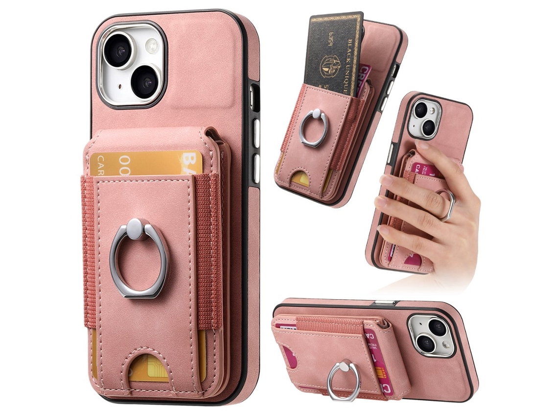 Suporte Casa Quedas Para Iphone 15 Pele Sintética Com Porta-cartões Rosa