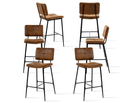Conjunto De 6 Banquetas De Bar Cadeiras Altas Com Encosto E Apoio Para Os Pés Tecido Em Microfibra Marrom Retro Vintage Meubles Cosy