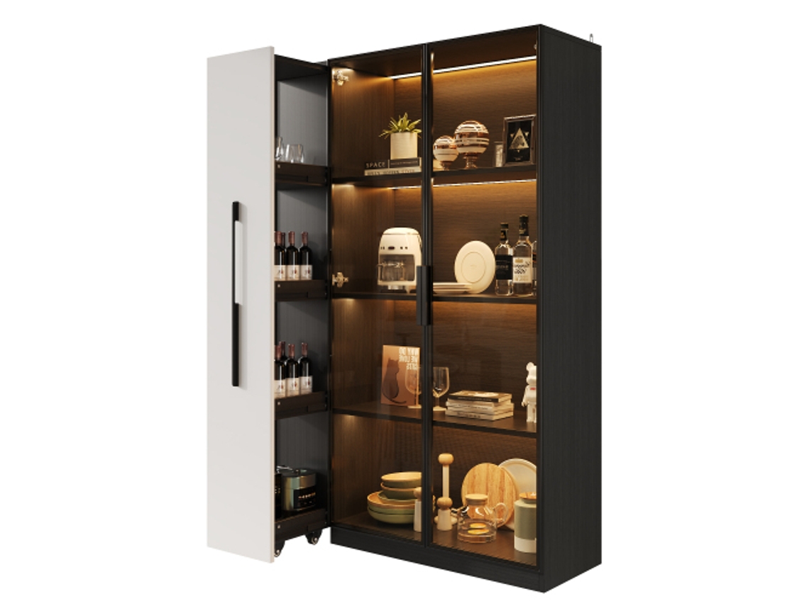 Armário Multifuncional 110,5×35×160 Cm - Vitrine Com Porta De Vidro E Iluminação Led, Gaveta Lateral Deslizante, Armário Com Rodízios