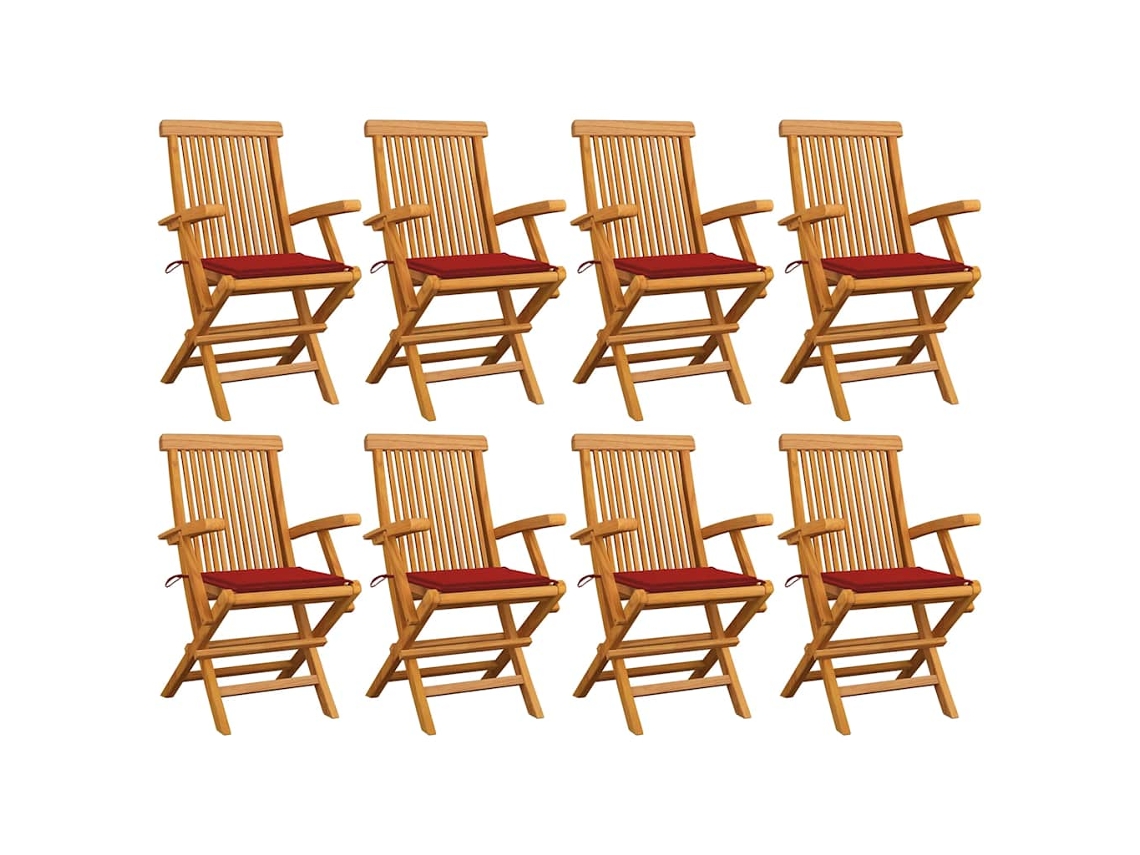 Cadeiras De Jardim C/ Almofadões Vermelhos 8 Pcs Teca Maciça Dkd Home Decor