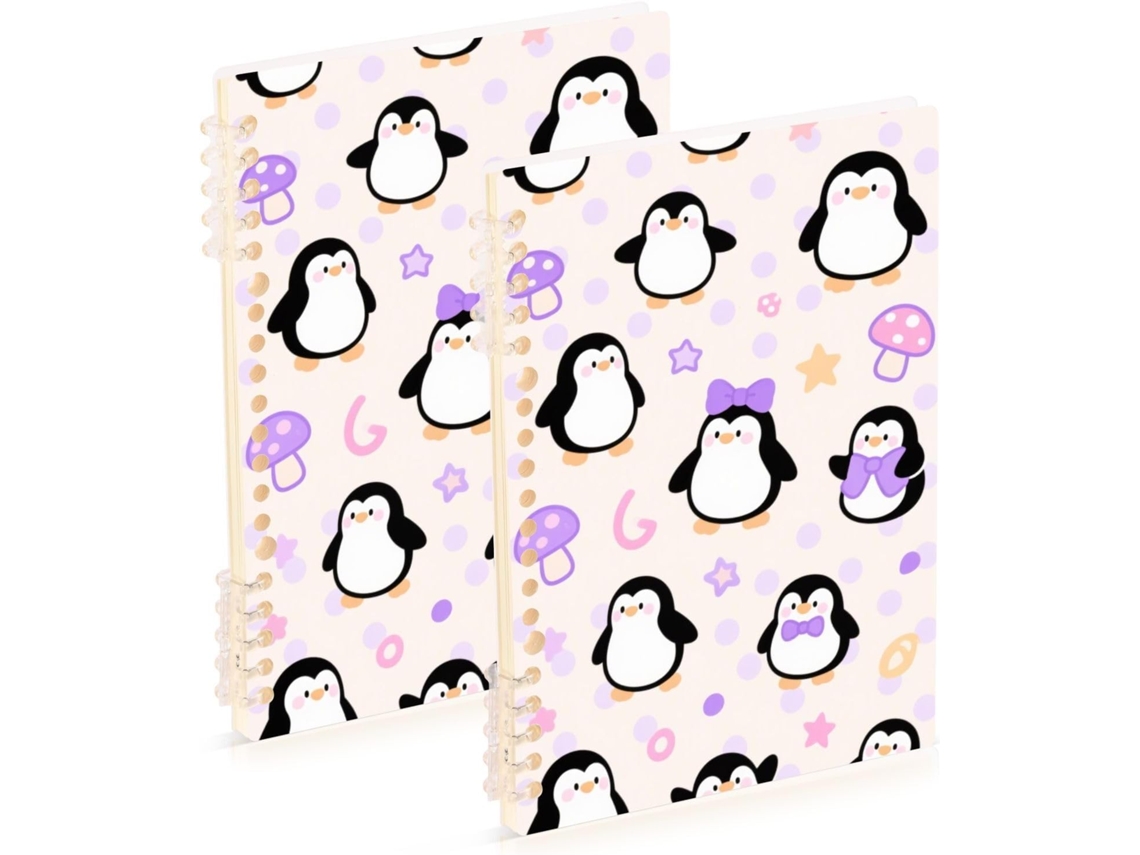 Conjunto de 2 Cadernos Espiral A5 com um Adorável Desenho Pinguim Branco, 21,1 X 14,5 Cm, 60 Folhas Cada, Idea