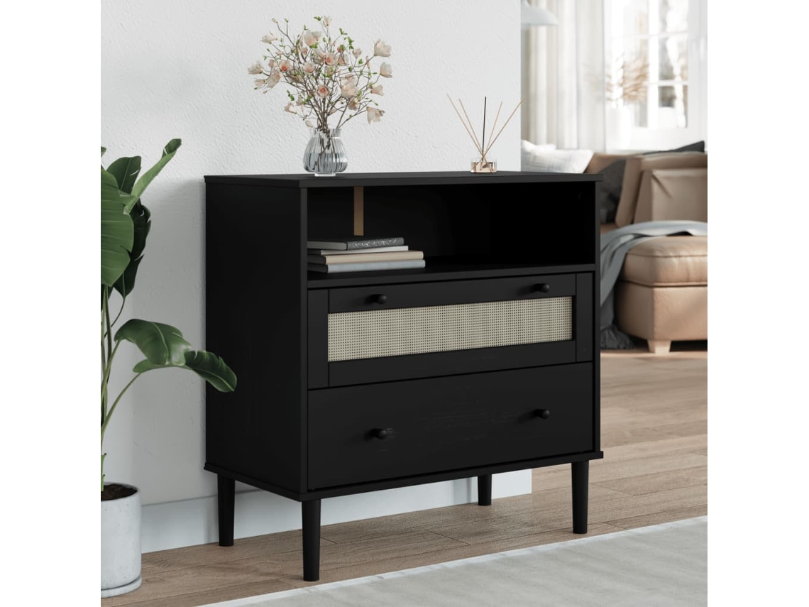 Vidaxl Aparador Senja Aspeto De Vime 80x40x80 Cm Pinho Maciço Preto