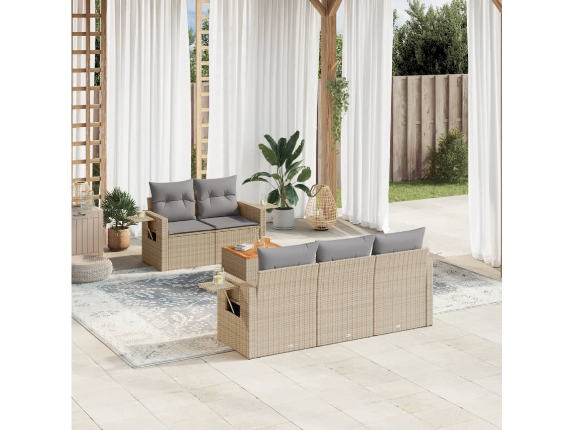 Vidaxl 6 Pcs Conjunto De Sofás P/ Jardim Com Almofadões Vime Pe Bege