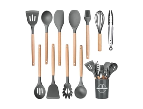 Conjunto De 12 Utensílios De Cozinha De Silicone Com Cabo De Madeira Resistente Ao Calor Sweet Home