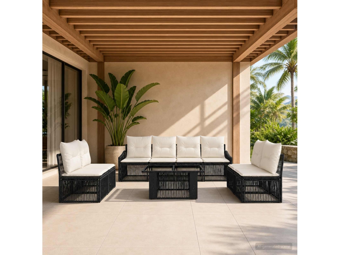 Vidaxl Conjunto De Sofá De Jardim 9 Unid. Preto E Branco Creme Vime Pe