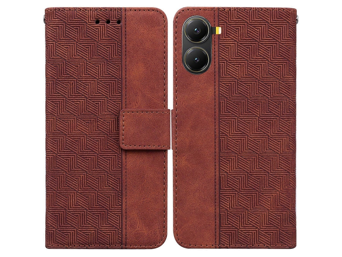 Capa Tipo Carteira De Couro Com Padrão Geométrico E Alça De Pulso Marrom Para Xiaomi Poco X7 Pro 5g E Redmi Turbo 4 5g