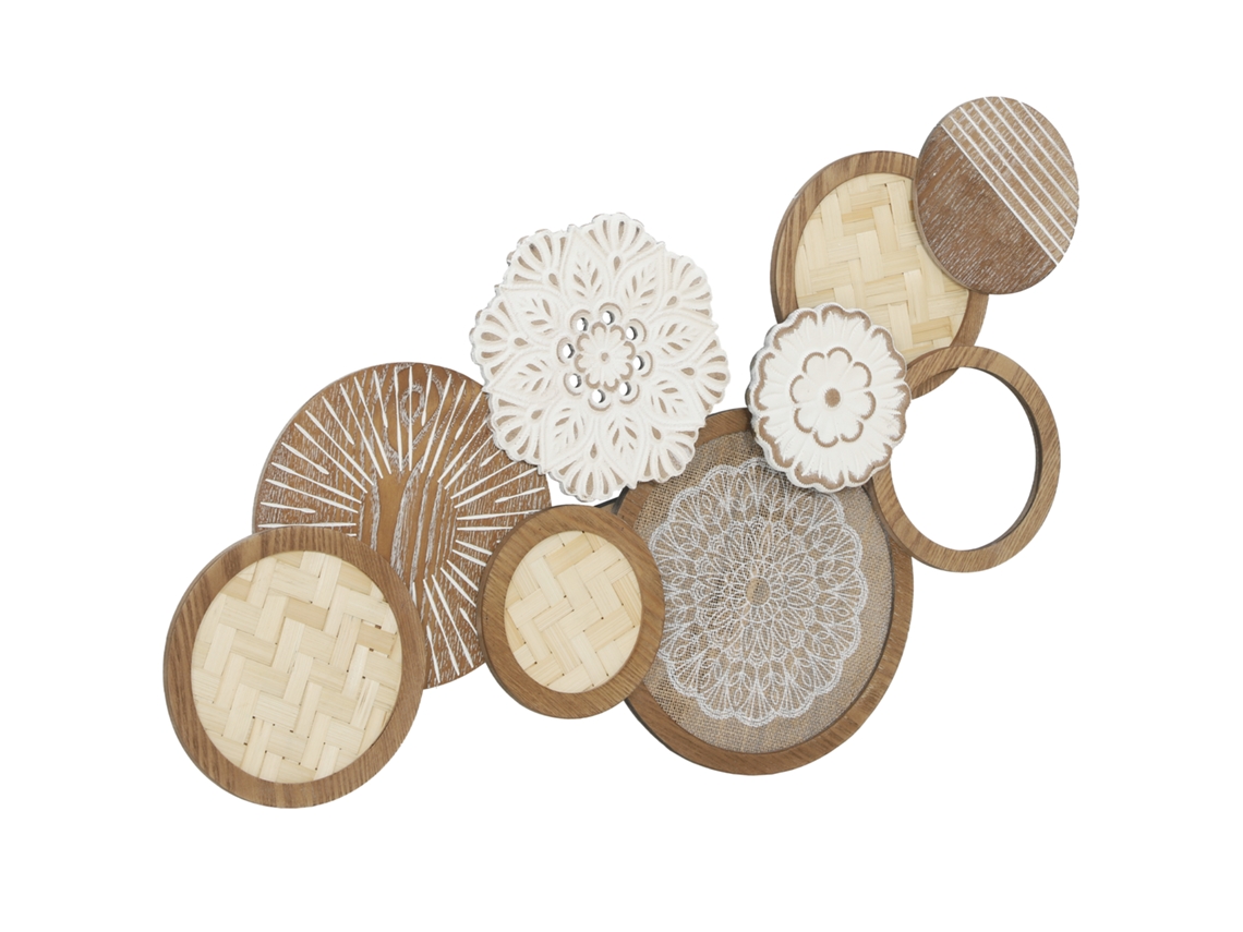 Decoração Parede Madeira Com Escultura Discos Múltiplos, 83,8x44,5cm, Design Único Natural