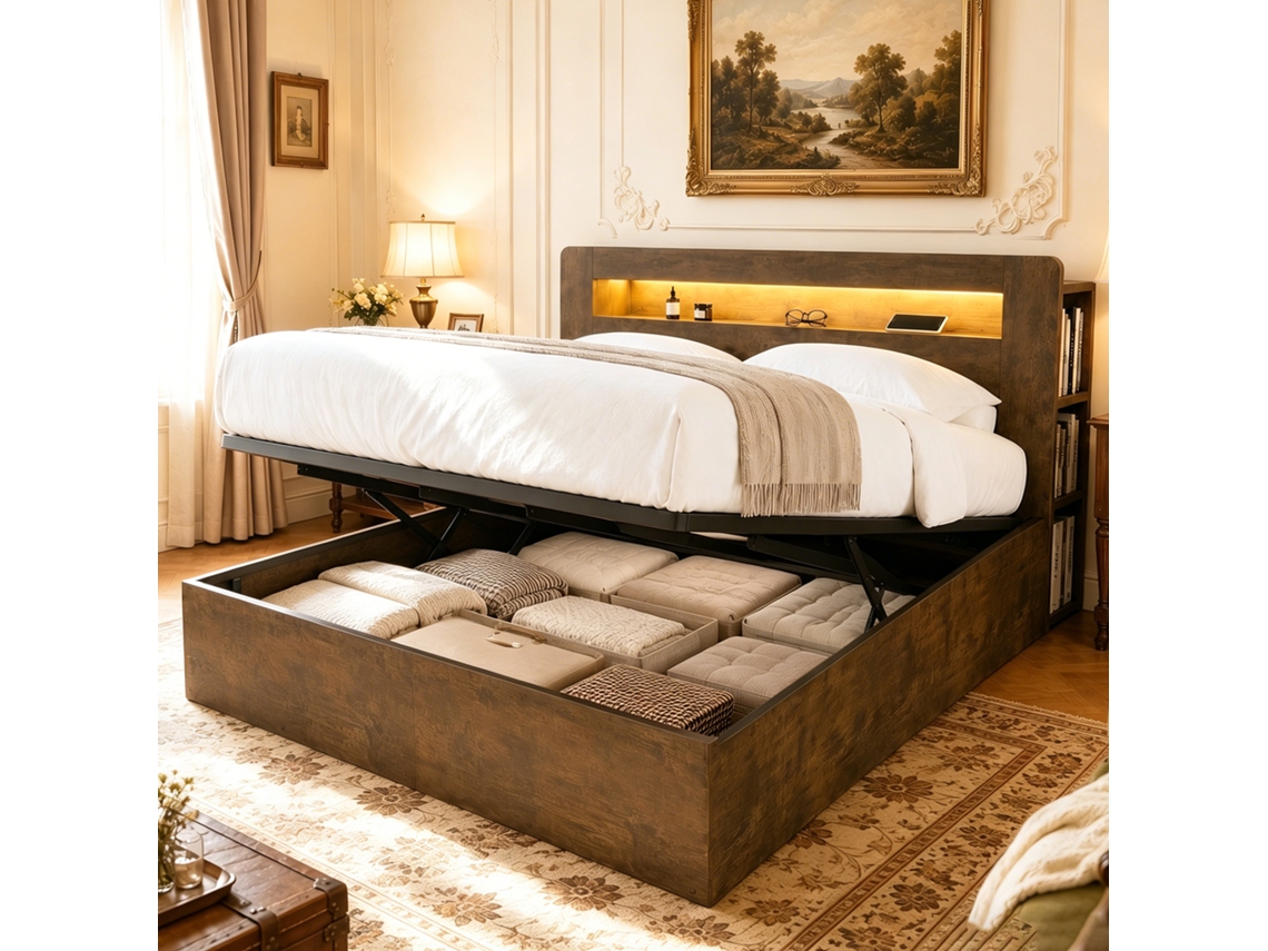 Cama de Plataforma 180x200 com Arrumação, Sistema Hidráulico, Cabeceira com Led e Tomadas Integradas Madeira Vintage NOVELA