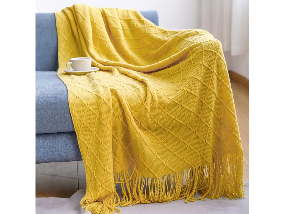 Cobertor De Lã Tricotada Com Franjas, Cor Sólida, Amarelo Nórdico Escocês, Cobertor Macio Da Moda, Colcha Decorativa Para Sofá, 13-aquaforge