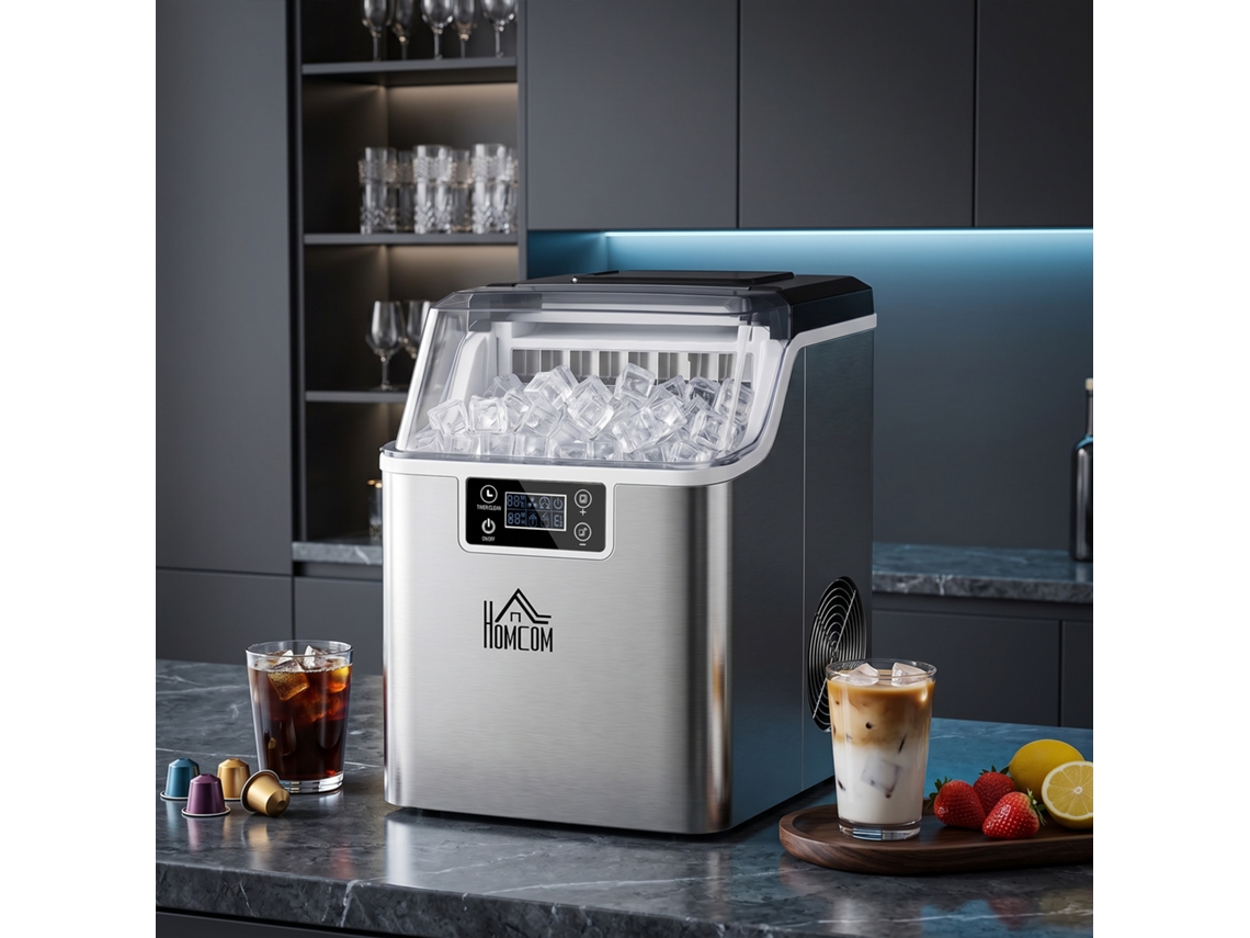 Máquina de gelo autolimpante, 24 cubos a cada 14-18 minutos, visor LCD, aço inoxidável, 25,2 x 36 x 37,1 cm