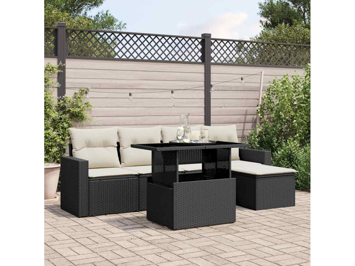 Vidaxl 6 Pcs Conjunto Sofás De Jardim C/ Almofadões Vime Pe Preto