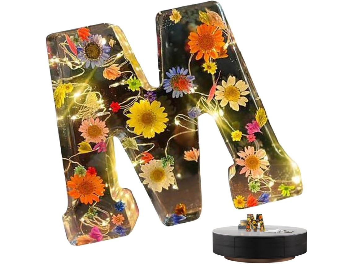 Luminária Noturna Com Letras Florais Em Resina, Floral