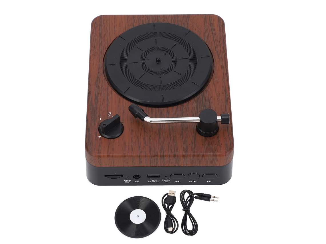 Mini toca-discos de mesa com Bluetooth em formato vintage.