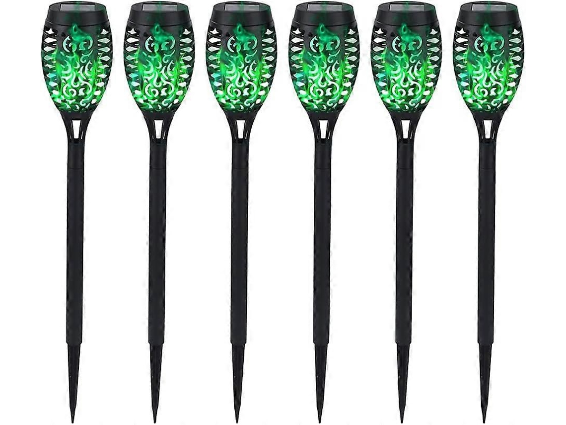 Conjunto de 6 luminárias solares externas Brilvibera com 12 LEDs, baixo consumo de energia, luz verde intermitente, classificação IP65 de resistência à água e proteção contra intempéries.