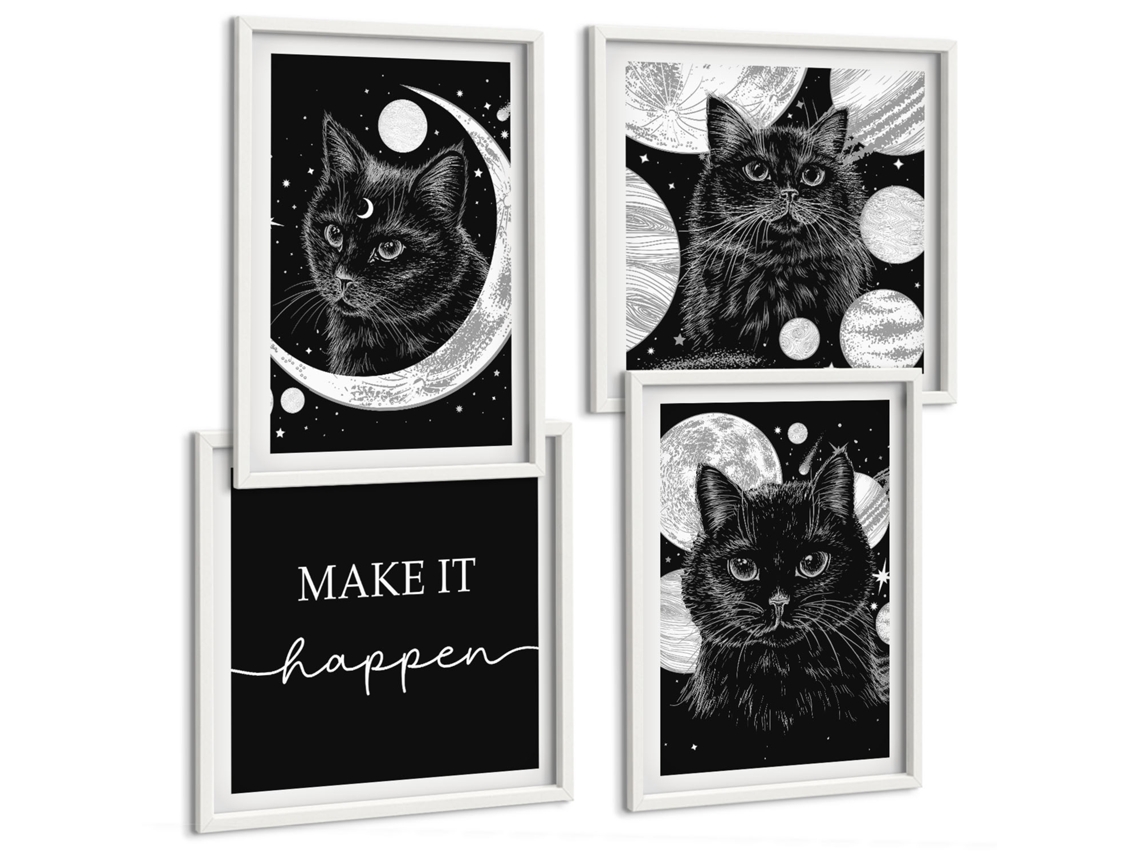 Galeria De Pinturas Murais Gatos Pretos, Lua, Espaço Moldura Branca Imagens Para Um Quarto Infantil Espelharte (conjunto De 4 Imagens)