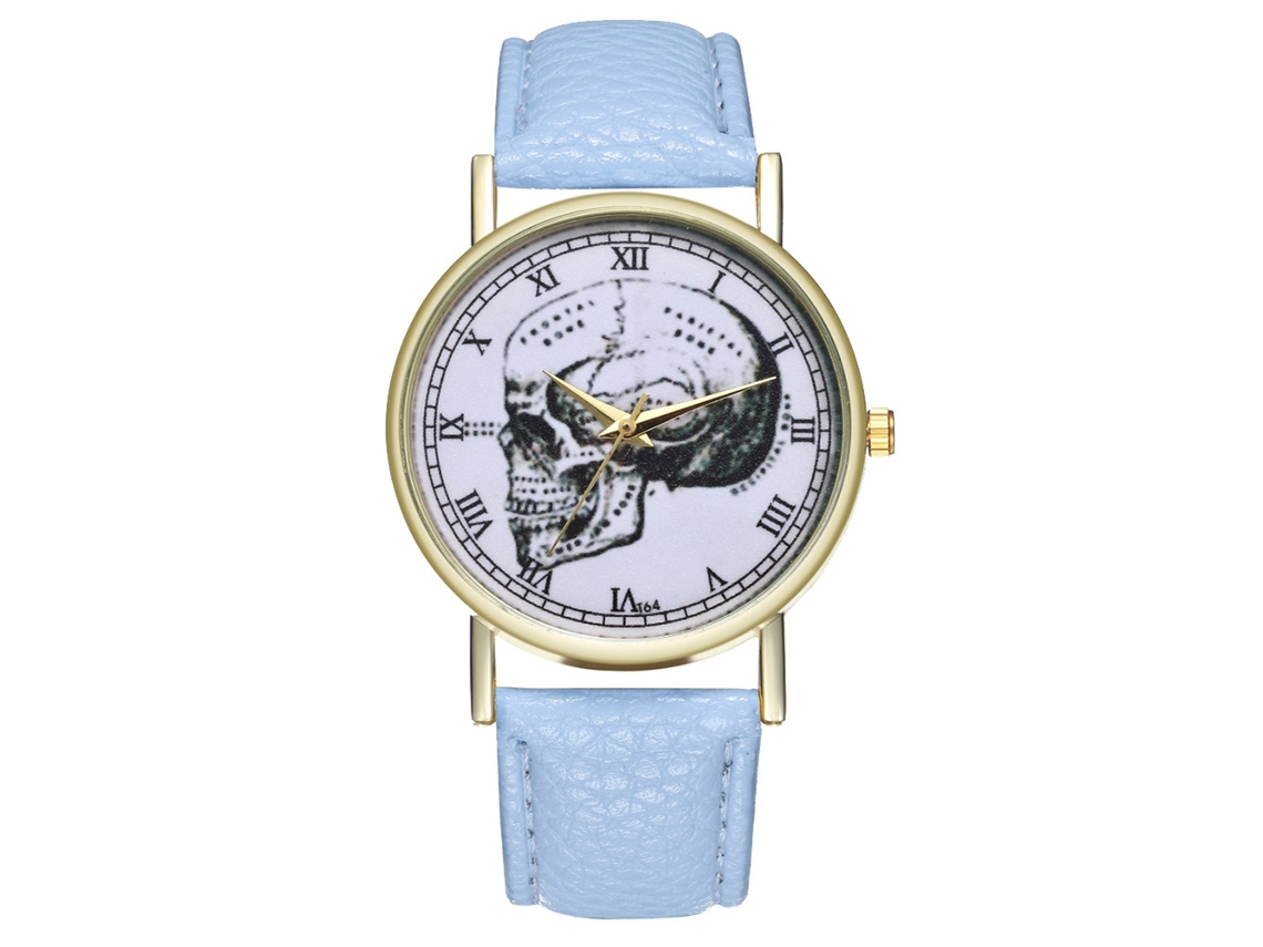 Reloj De Cuarzo Unisex Con Correa De Cuero Pu Skull Patrón Números Romanos Azul Claro