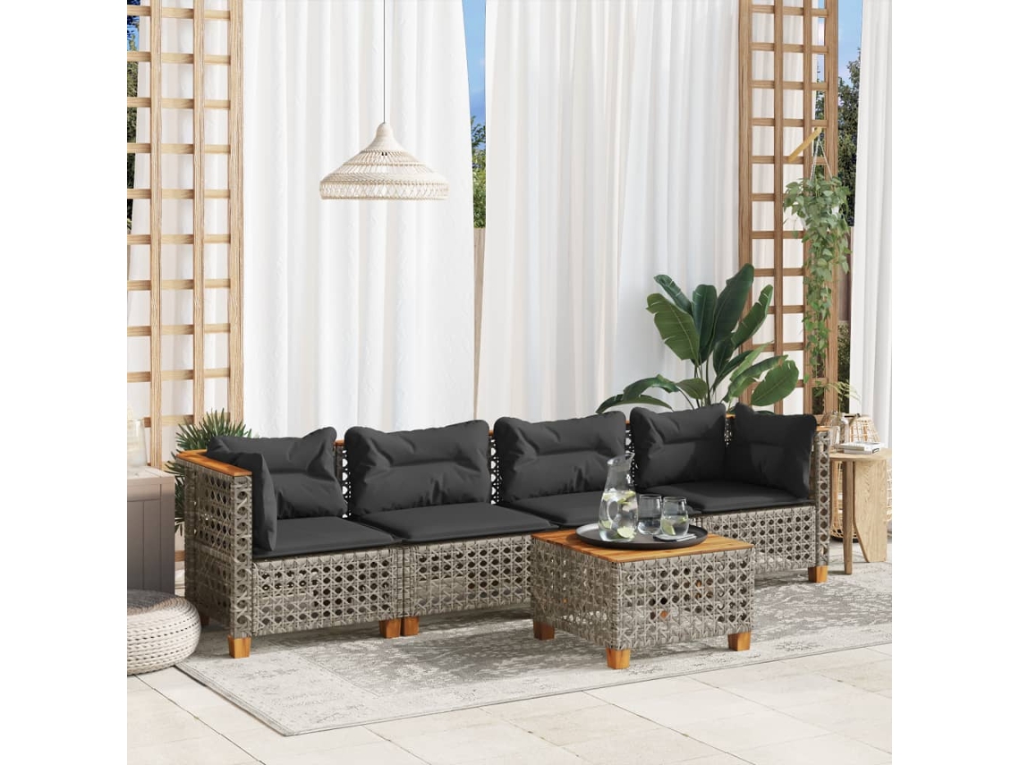 Vidaxl 5 Pcs Conjunto Sofás De Jardim C/ Almofadões Vime Pe Cinzento
