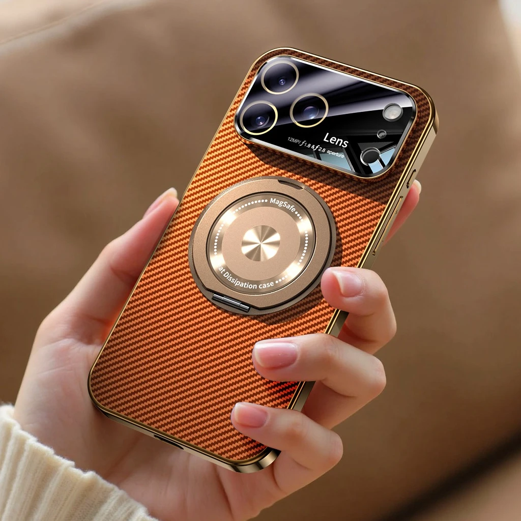 Capa Protetora Magsafe (laranja Para Iphone 17 Pro Max) Com Suporte Magnético Giratório, Em Fibra De Carbono Macia.