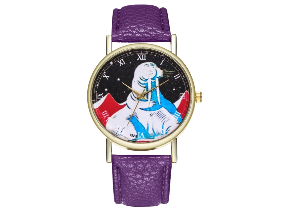 Relógio de quartzo roxo moderno com mostrador redondo e pulseira de couro PU.