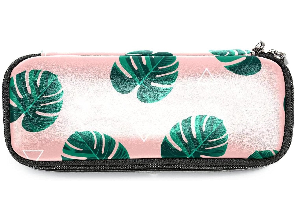 Caixa organizadora grande com estampa de folhas tropicais rosa para lápis e marcadores, ideal para a escola e para a mesa de trabalho.