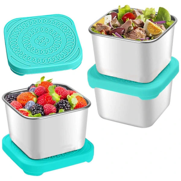 Conjunto De 3 Recipientes De Aço Inoxidável Para Lanches Com Tampas De Silicone, À Prova De Vazamentos, Em Viagens E Para Levar O Almoço