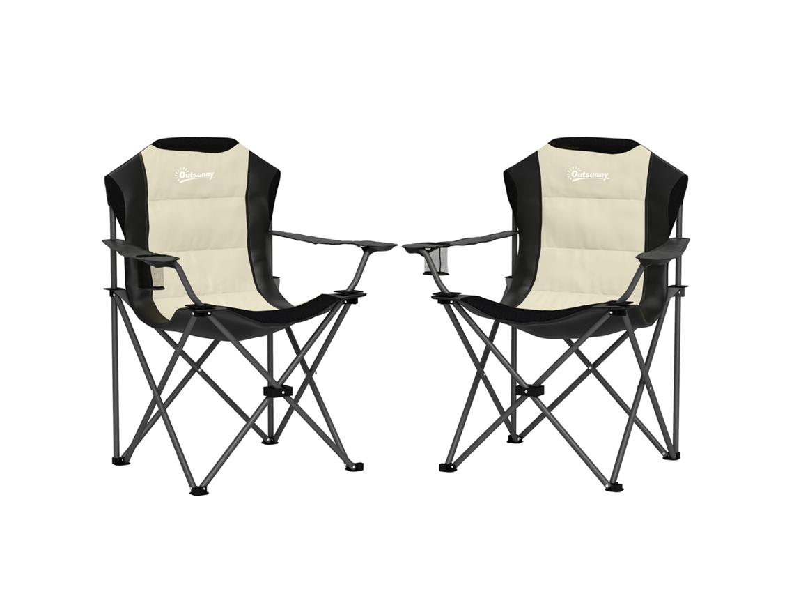 Conjunto de 2 Cadeiras de Camping Dobráveis Acolchoadas Encosto Alto Porta Copos Bolsas Transporte Creme e Pretas S/MARCA