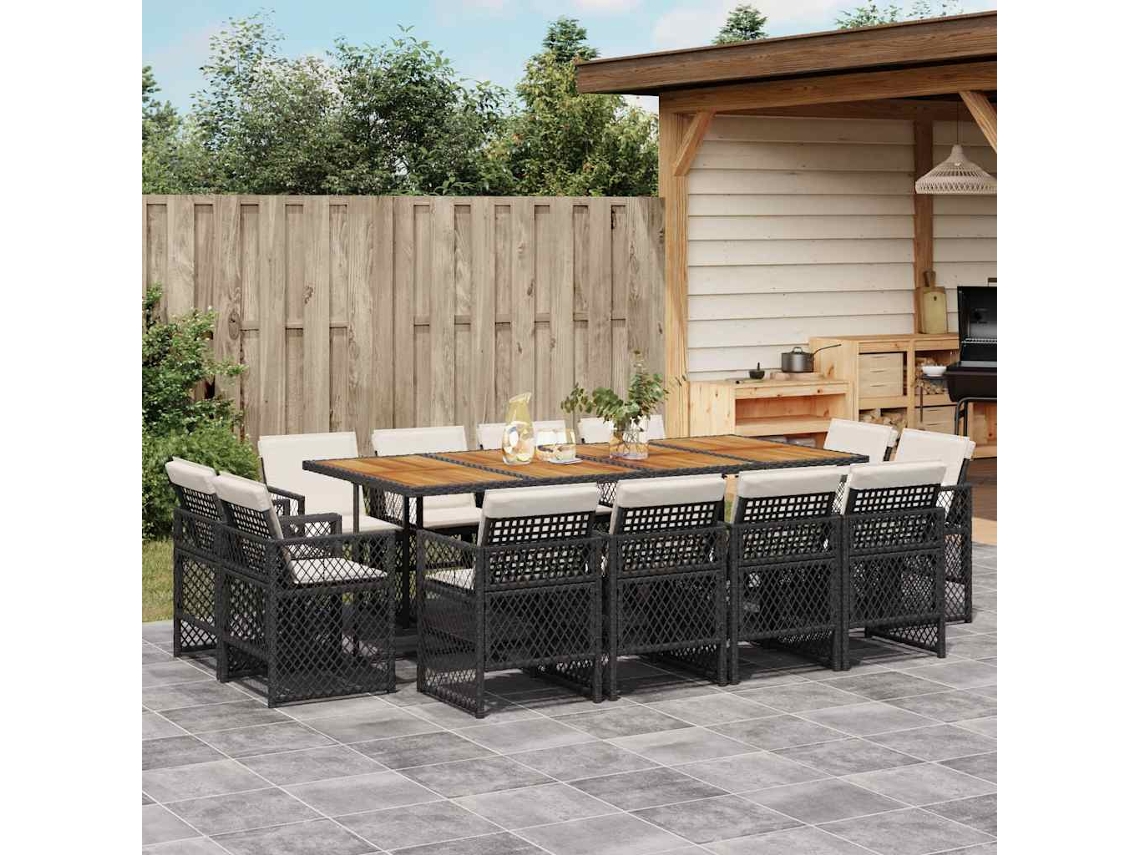 Vidaxl 13 Pcs Conjunto De Jantar P/jardim Com Almofadões Vime Pe Preto