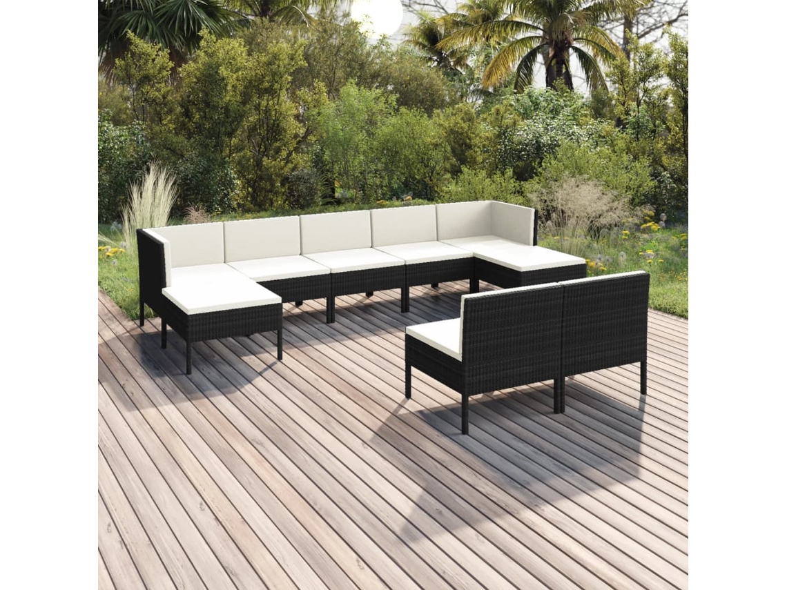 9 Pcs Conjunto Lounge De Jardim C/ Almofadões Vime Pe Preto Dkd Home Decor